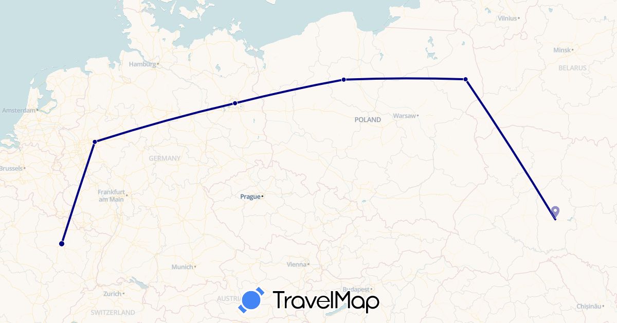 TravelMap itinerary: driving in Germany, France, Poland, Ukraine (Europe)